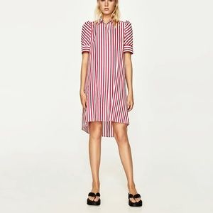 Zara Red White Striped Puff Sleeve Button Down Dress (size: XL)